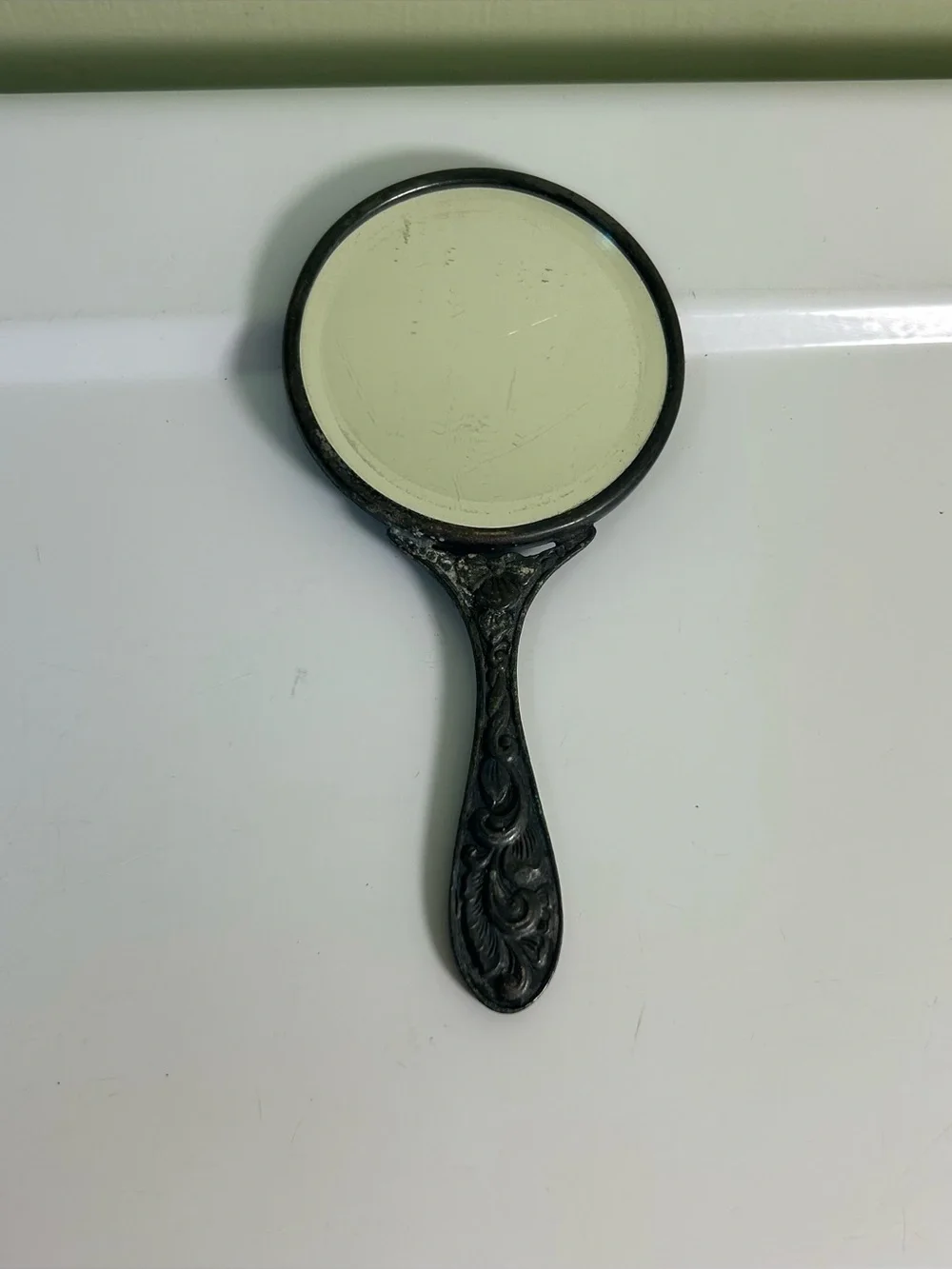 Art Nouveau Vintage Small Hand Mirror 4”x 2” Repousse Pocket Vanity Silver Plate